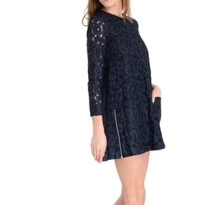 Maje Rory Marine Lace Zipper Long Sleeve Mini Dress